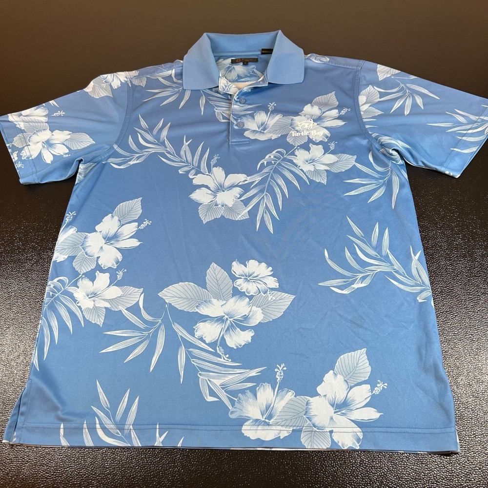 Monterey Club Turtle Bay Polo Shirt Mens Large Blue Floral Hibiscus Stretch